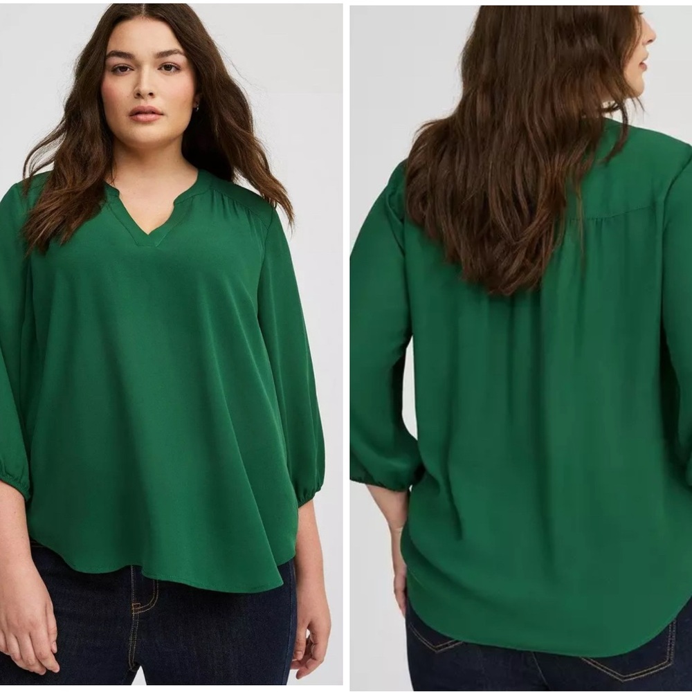 🚂Torrid Deep Eden Green V-Neck  3/4 sleeve pullover blouse size 1 GUC..